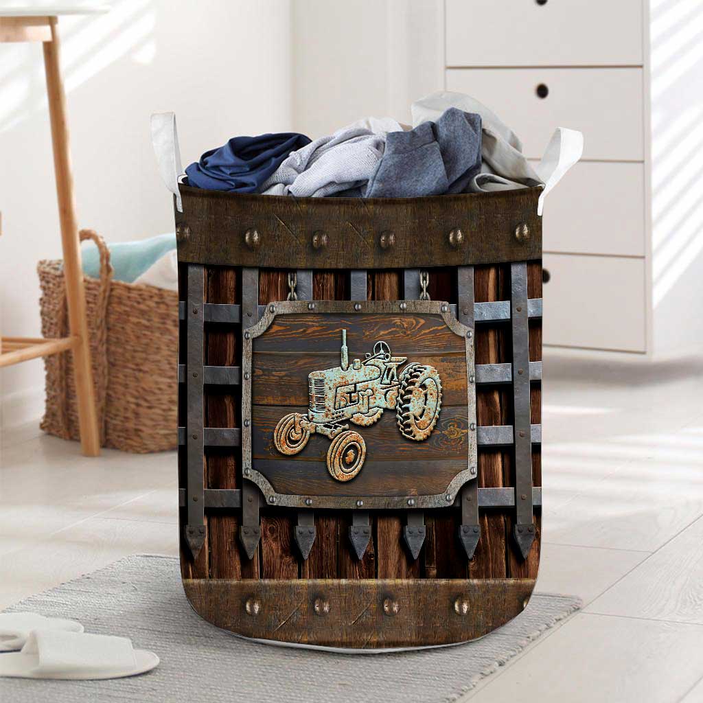 Tractor Metal Pattern Print Farmer Laundry Basket 0622