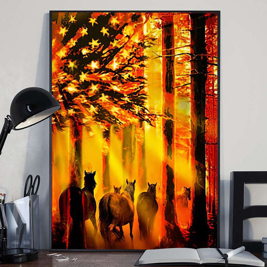 Autumn American Flag and Horse - Poster 0921