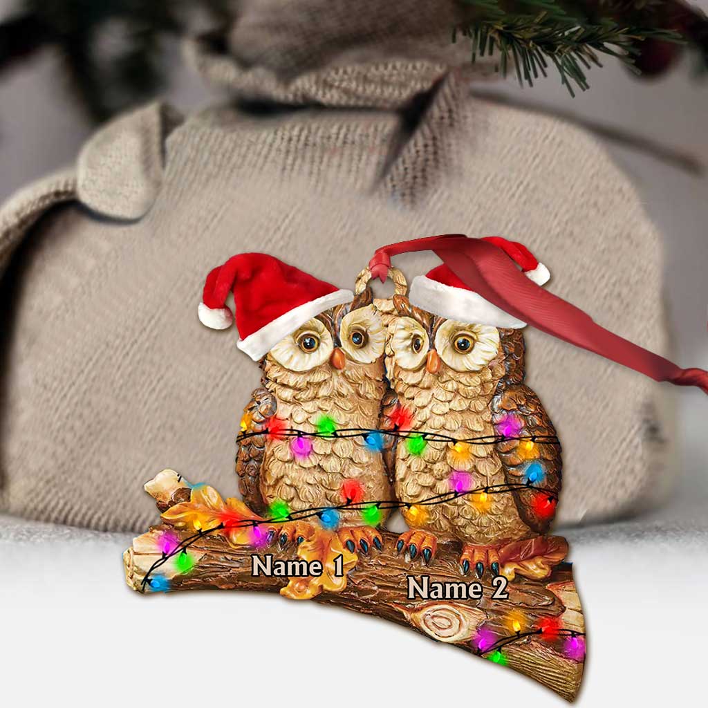 Owl Couple On Branch - Personalized Christmas Ornament (Printed On Both Sides)