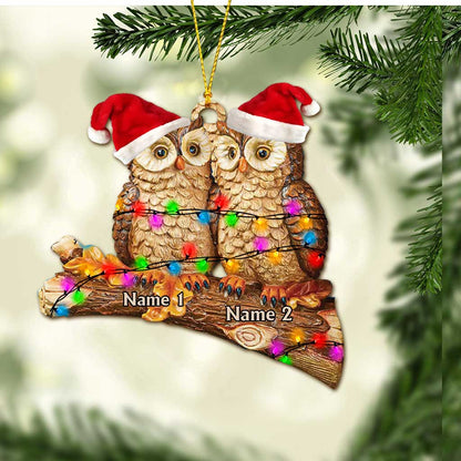 Owl Couple On Branch - Personalized Christmas Ornament (Printed On Both Sides)