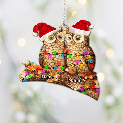 Owl Couple On Branch - Personalized Christmas Ornament (Printed On Both Sides)