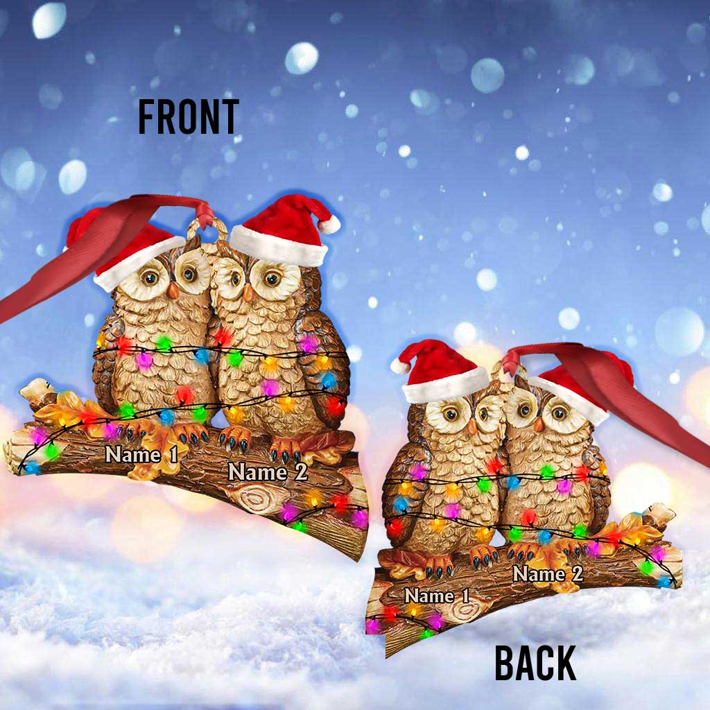 Owl Couple On Branch - Personalized Christmas Ornament (Printed On Both Sides)