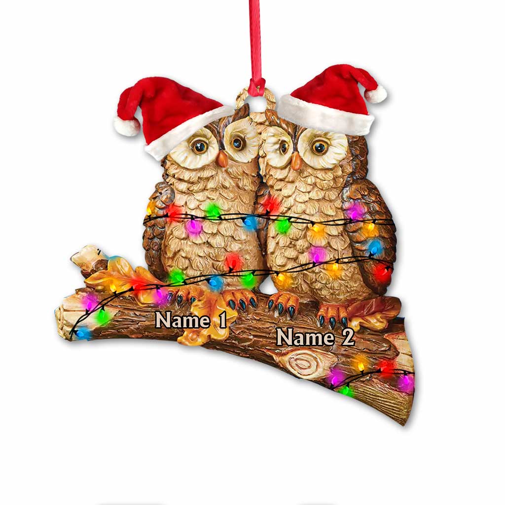 Owl Couple On Branch - Personalized Christmas Ornament (Printed On Both Sides)