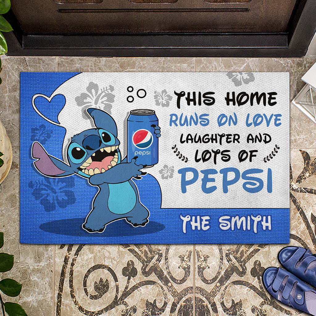 This Home Runs On Love - Personalized Blue Soft Drink Doormat