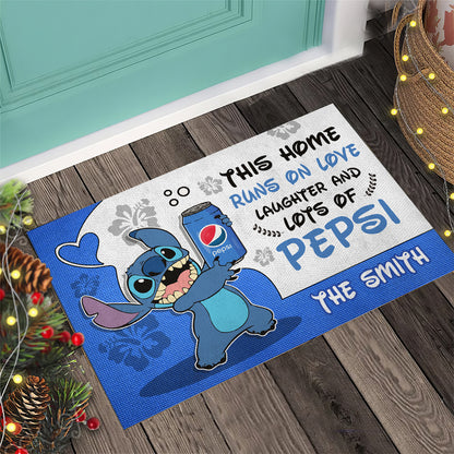 This Home Runs On Love - Personalized Blue Soft Drink Doormat