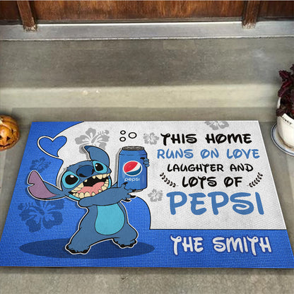 This Home Runs On Love - Personalized Blue Soft Drink Doormat