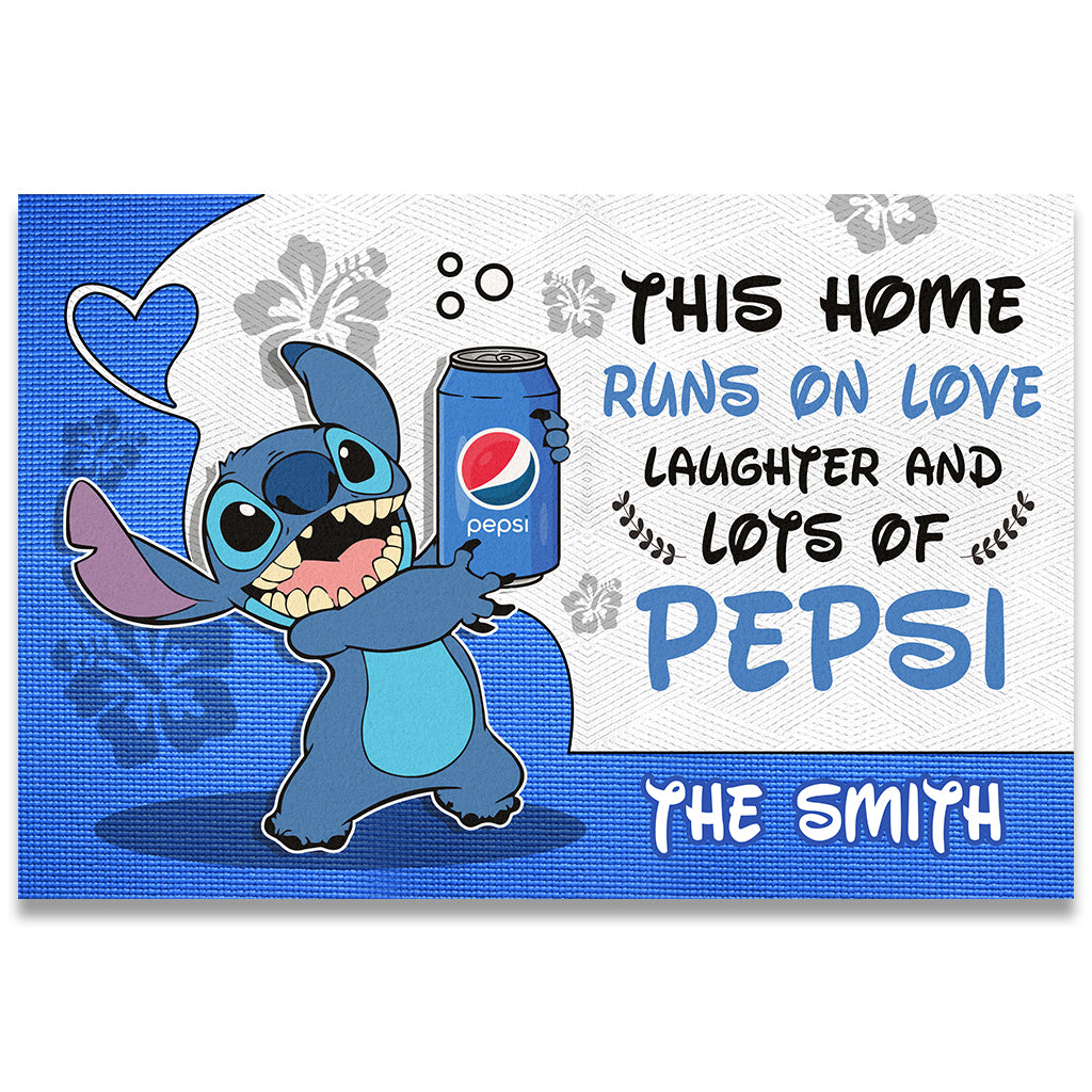 This Home Runs On Love - Personalized Blue Soft Drink Doormat