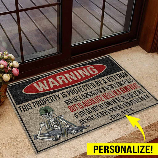 Warning - Veteran Personalized Coir Pattern Print Doormat