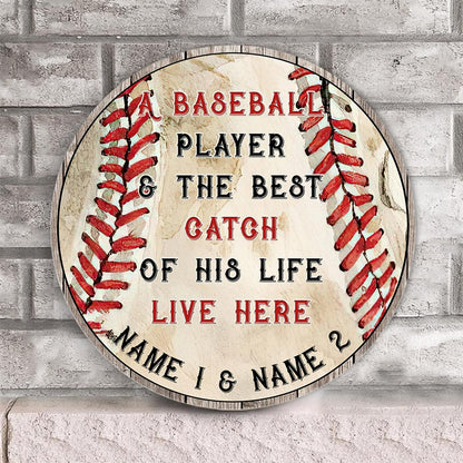 A Baseball Player Personalized Round Wood Sign