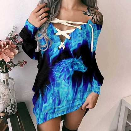 Blue Fire Horse Girls - Horse Off Shoulder Long Sleeve Dress