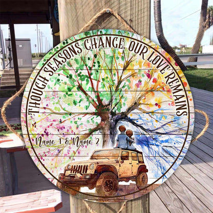 Though Seasons Change - Personalized Couple Car Round Wood Sign