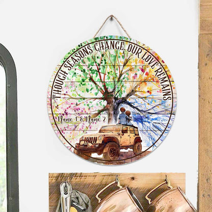 Though Seasons Change - Personalized Couple Car Round Wood Sign