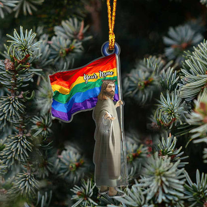 Jesus Holding Rainbow Flag - Personalized Christmas LGBT Support Transparent Ornament