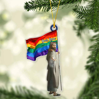 Jesus Holding Rainbow Flag - Personalized Christmas LGBT Support Transparent Ornament