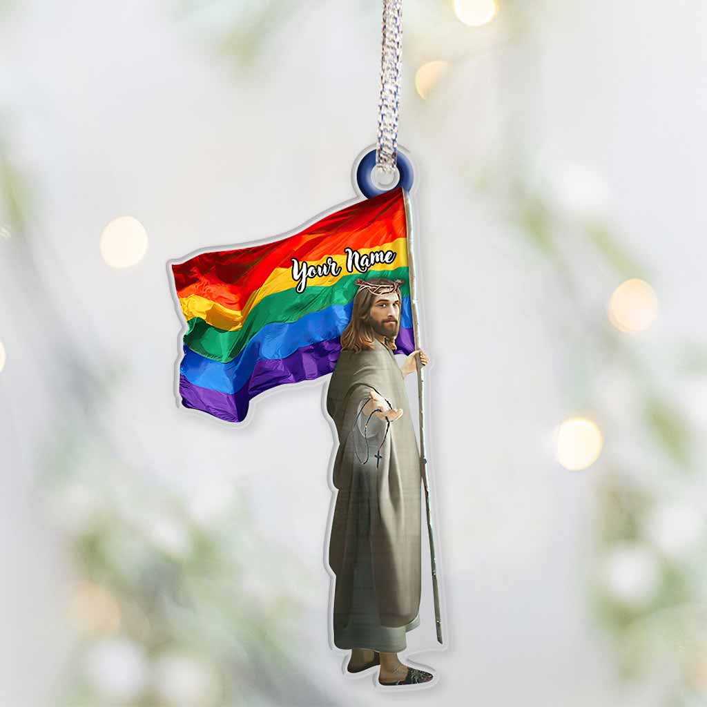 Jesus Holding Rainbow Flag - Personalized Christmas LGBT Support Transparent Ornament