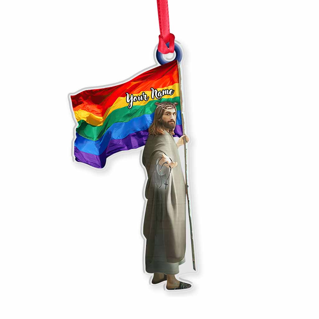 Jesus Holding Rainbow Flag - Personalized Christmas LGBT Support Transparent Ornament