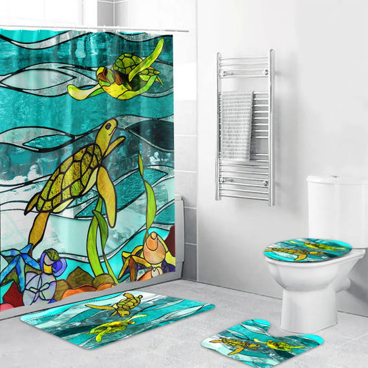 Turtle Lover Beach Soul Ocean Vibes - Turtle Bathroom Curtain & Mats Set