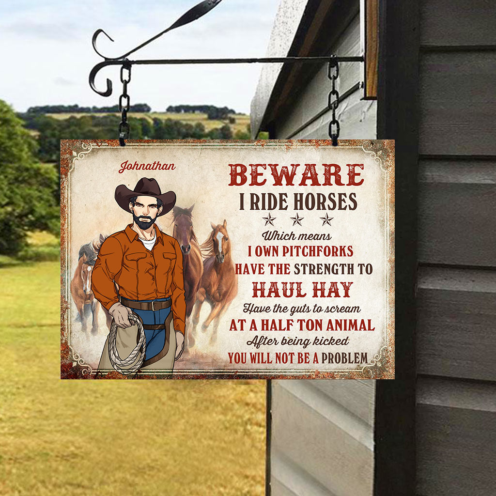 Beware I Ride Horses - Personalized Horse Rectangle Metal Sign