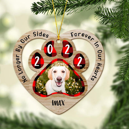 No Longer By Our Sides Forever In Our Hearts - Personalized Christmas Dog Ornament (Printed On Both Sides)