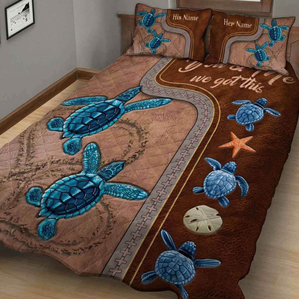 You And Me - Personalized Turtle Quilt Set With Leather Pattern Print