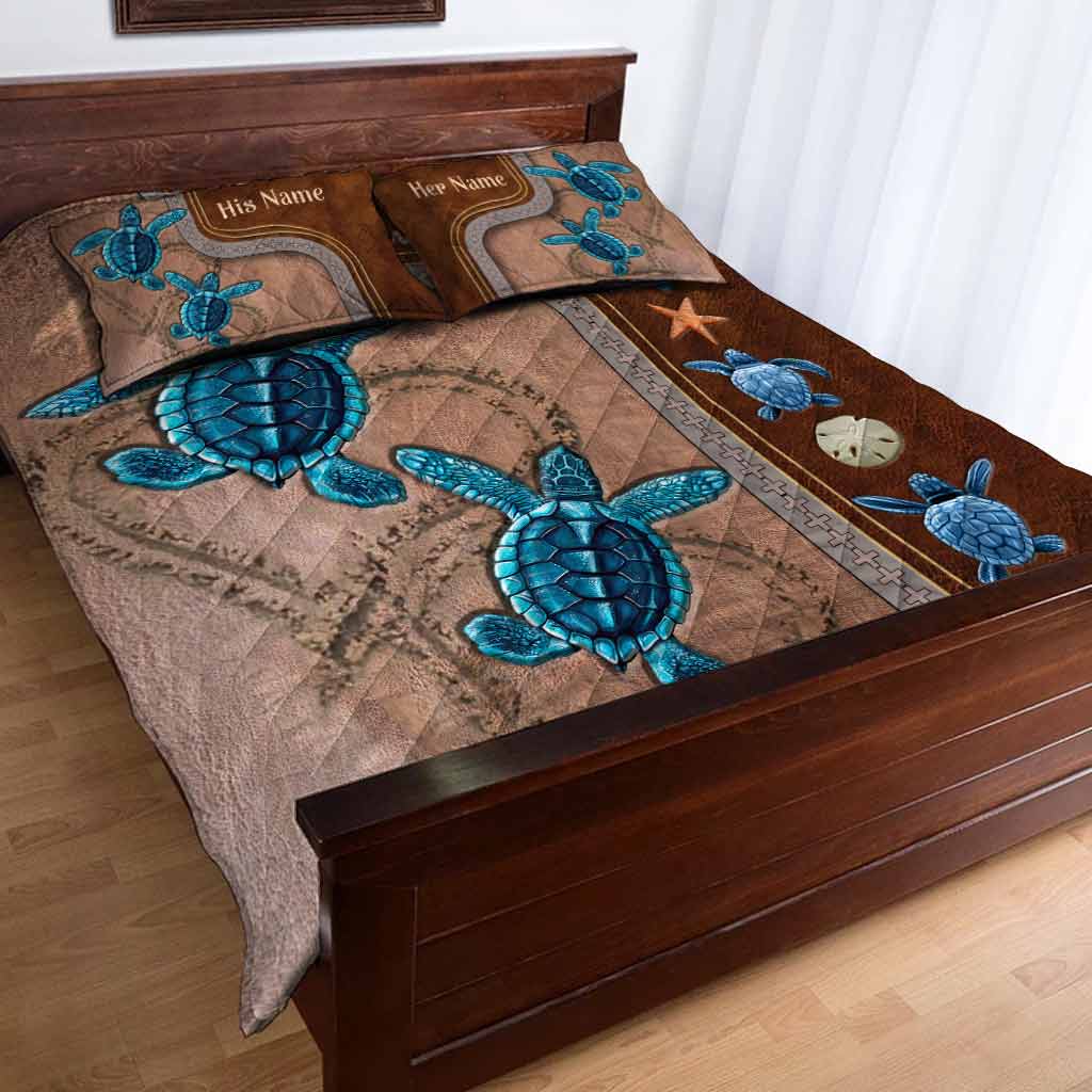 You And Me - Personalized Turtle Quilt Set With Leather Pattern Print