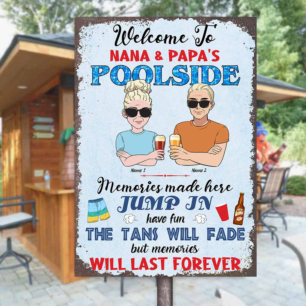 Welcome To Nana & Papa's Pool - Personalized Backyard Rectangle Metal Sign