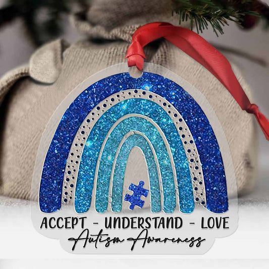 Accept Understand Love Blue Puzzle Rainbow - Christmas Autism Awareness Transparent Ornament With Faux Glitter Pattern Print