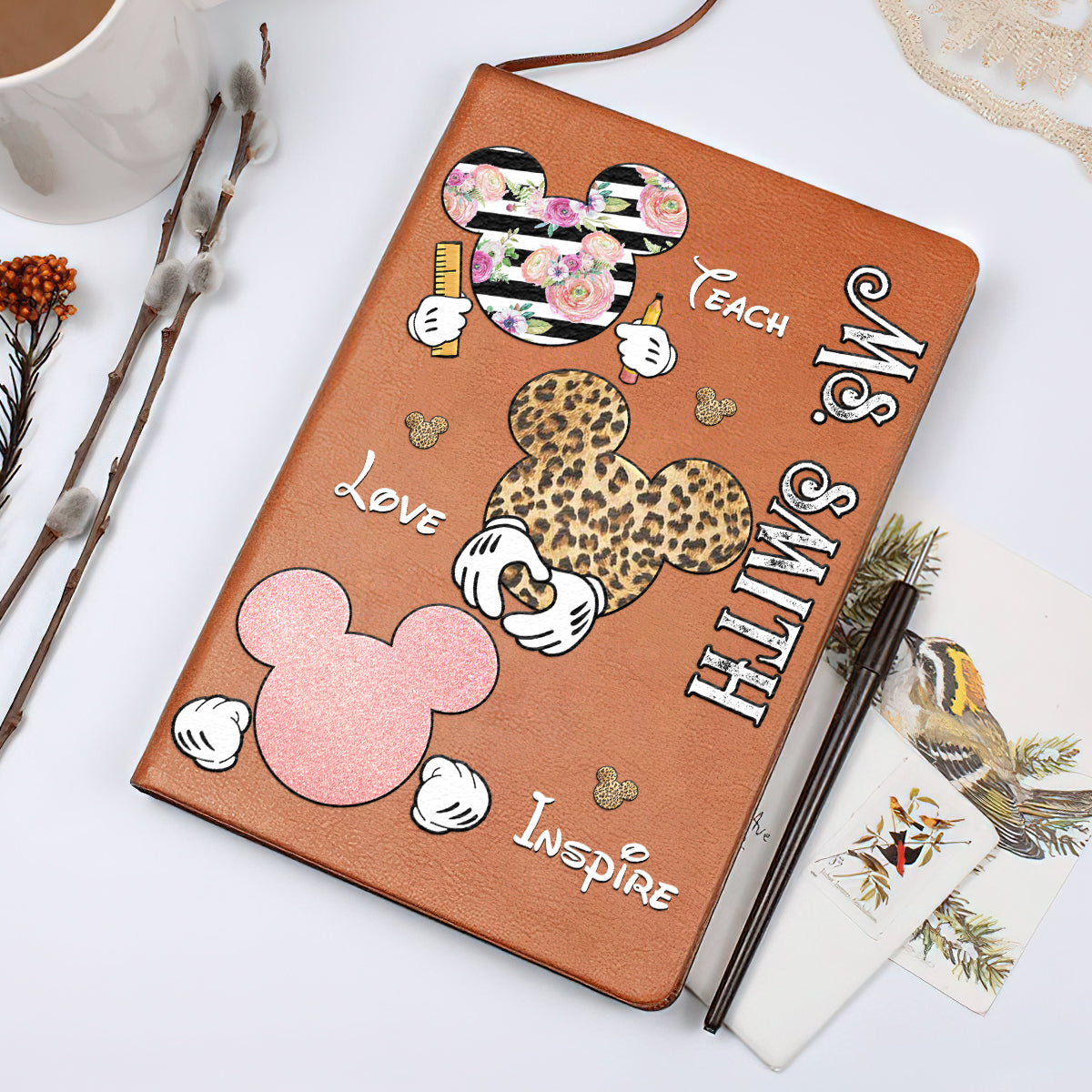 Teach Love Inspire Mouse Ears - Personalized Teacher Leather Journal