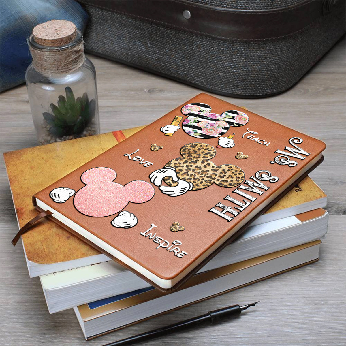 Teach Love Inspire Mouse Ears - Personalized Teacher Leather Journal