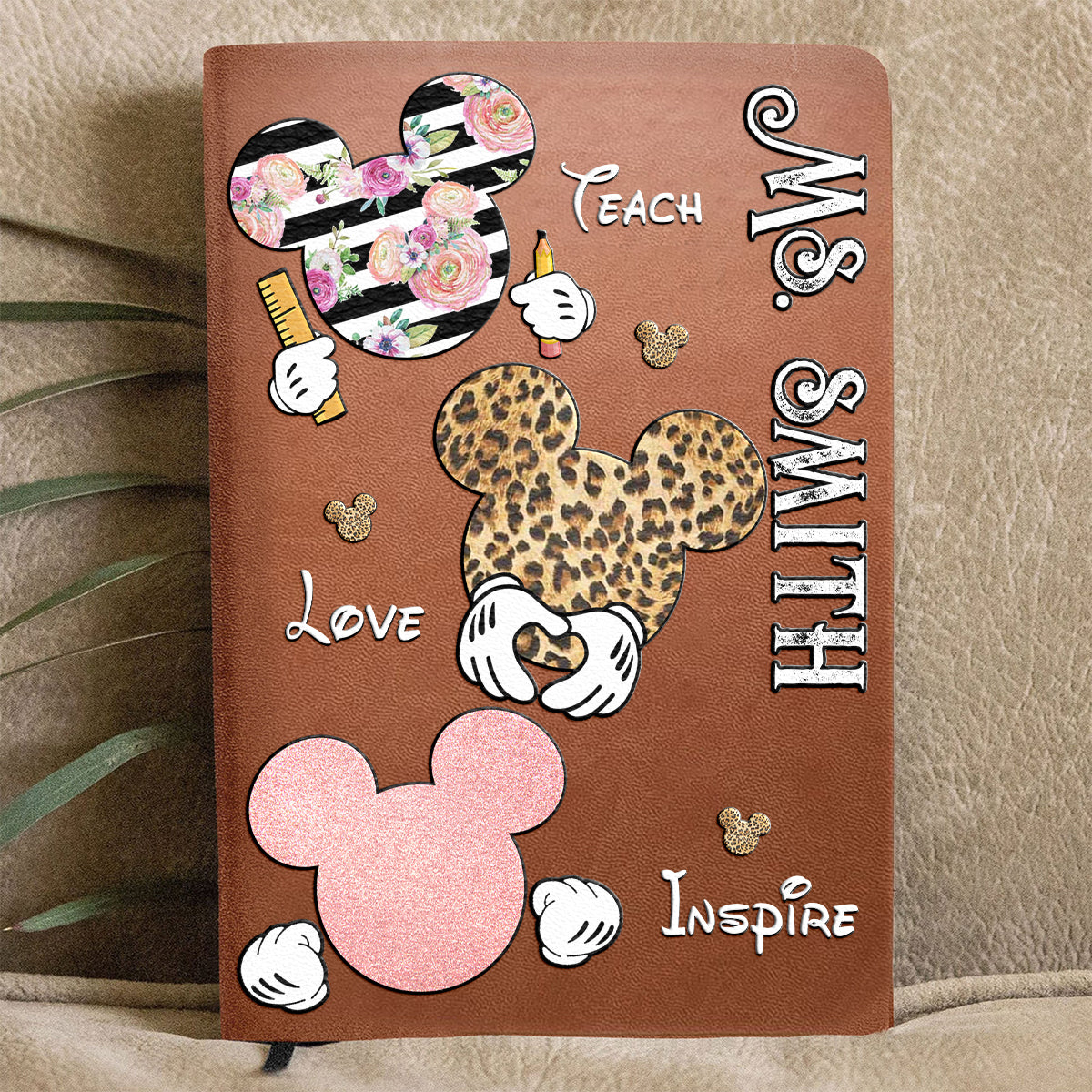 Teach Love Inspire Mouse Ears - Personalized Teacher Leather Journal